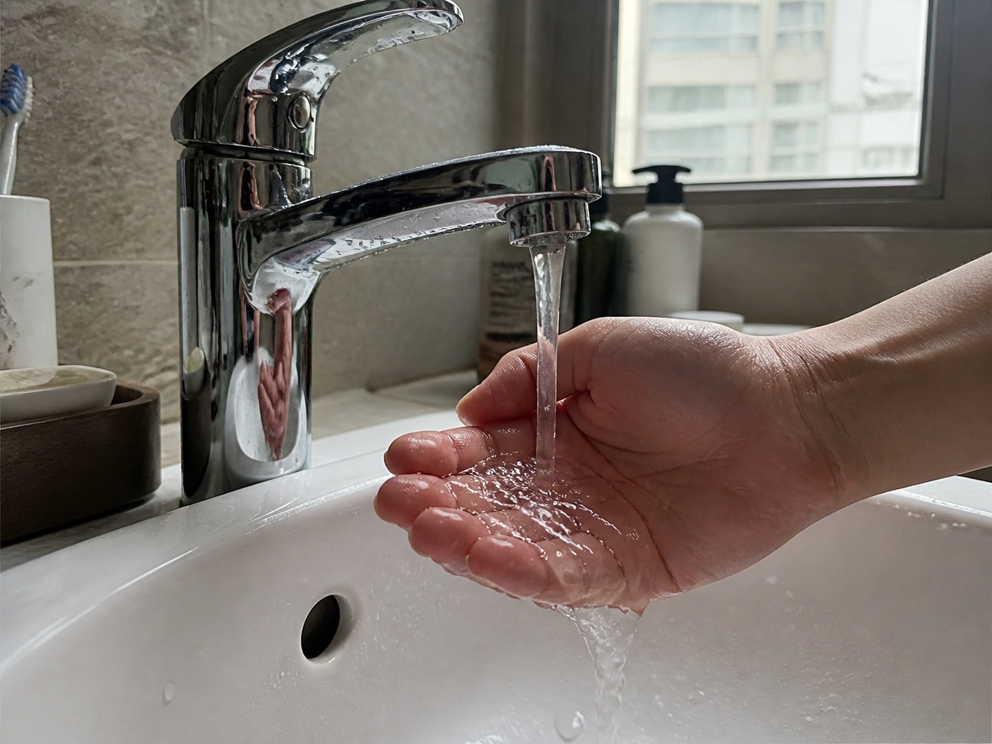 Hand testing tap water at a bathroom sink
