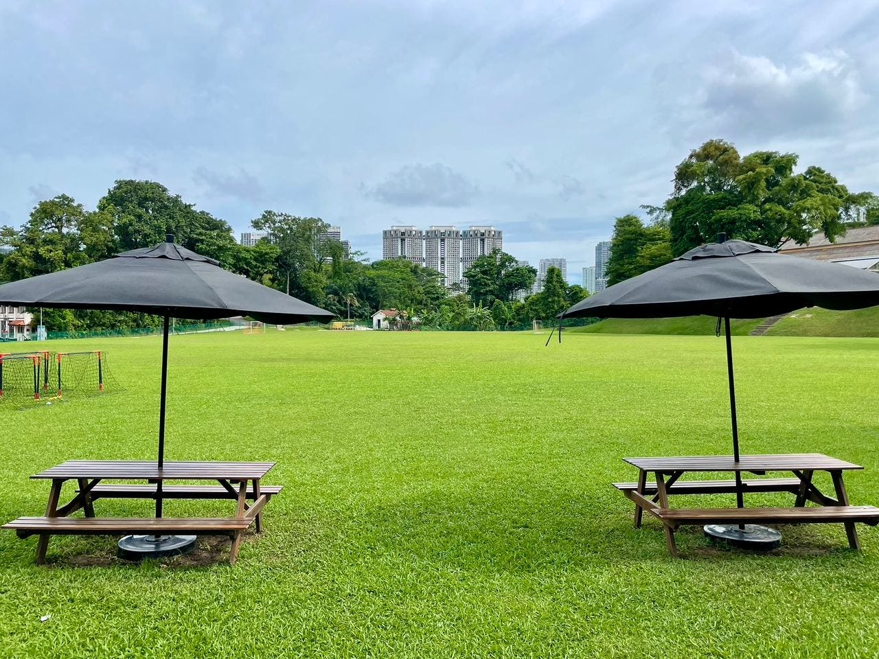 Picnic tables on the lawn at Dempsey Hill
