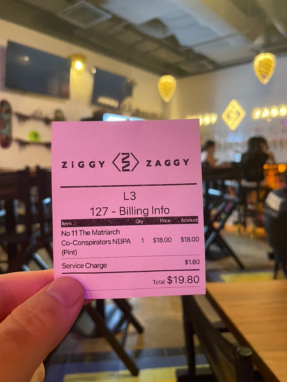 S$19.80 beer receipt at Ziggy Zaggy