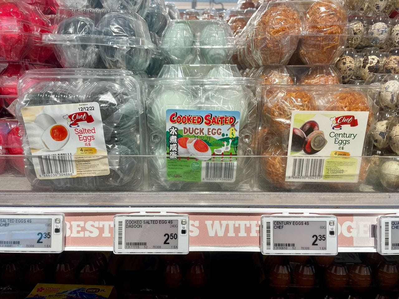 Cooked salted, duck and century eggs at FairPrice Finest