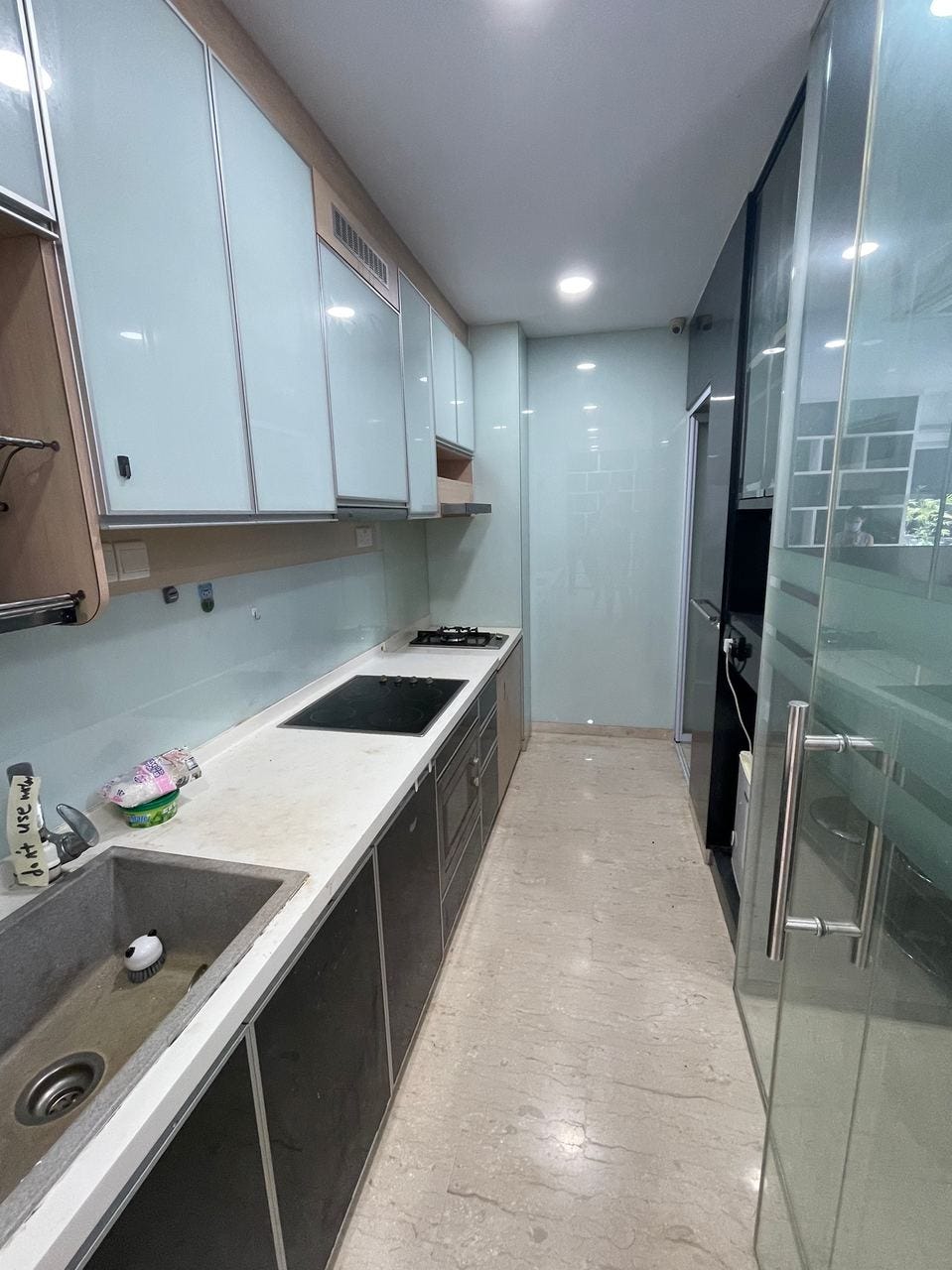 Galley kitchen inside the apartment