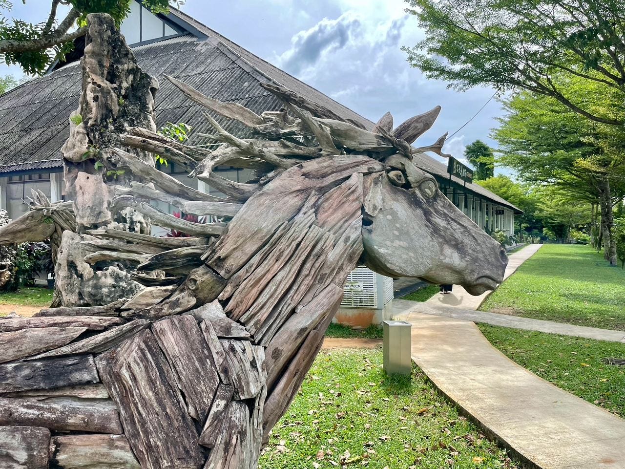 Wooden horse sculpture at Dempsey Hill