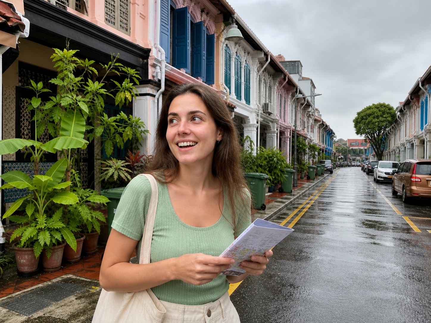 Excited visitor among colourful shophouses in Joo Chiat