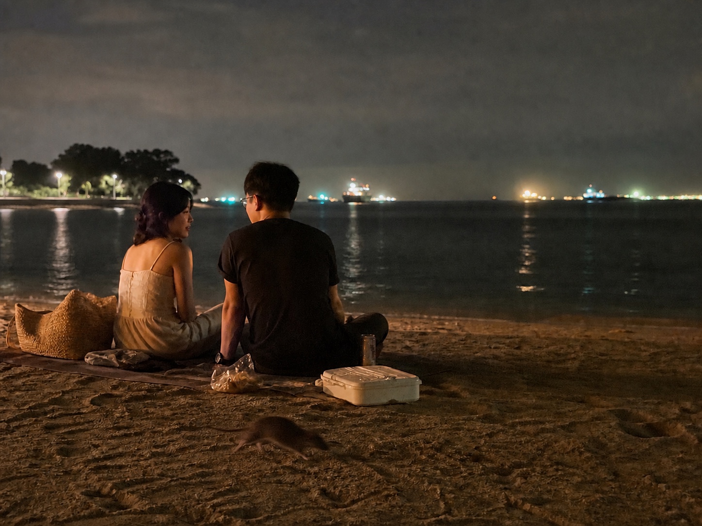 A single rat scurrying past a beach picnic at East Coast Park