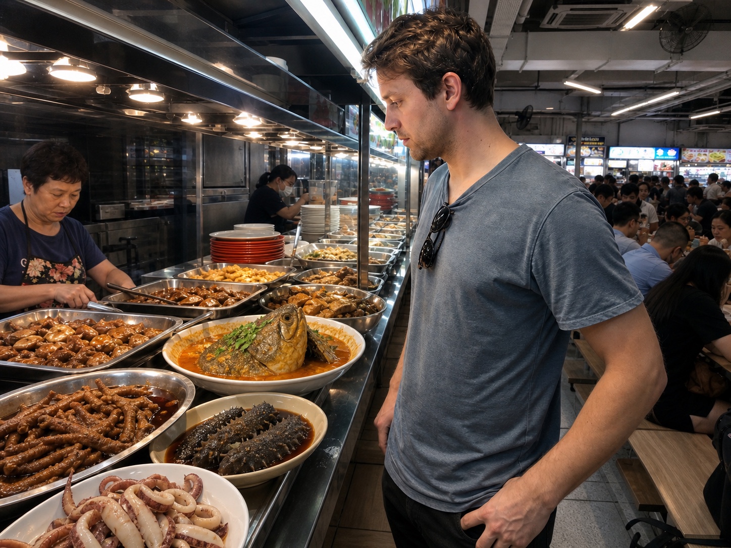 Diner choosing among unfamiliar dishes at a Singapore hawker centre