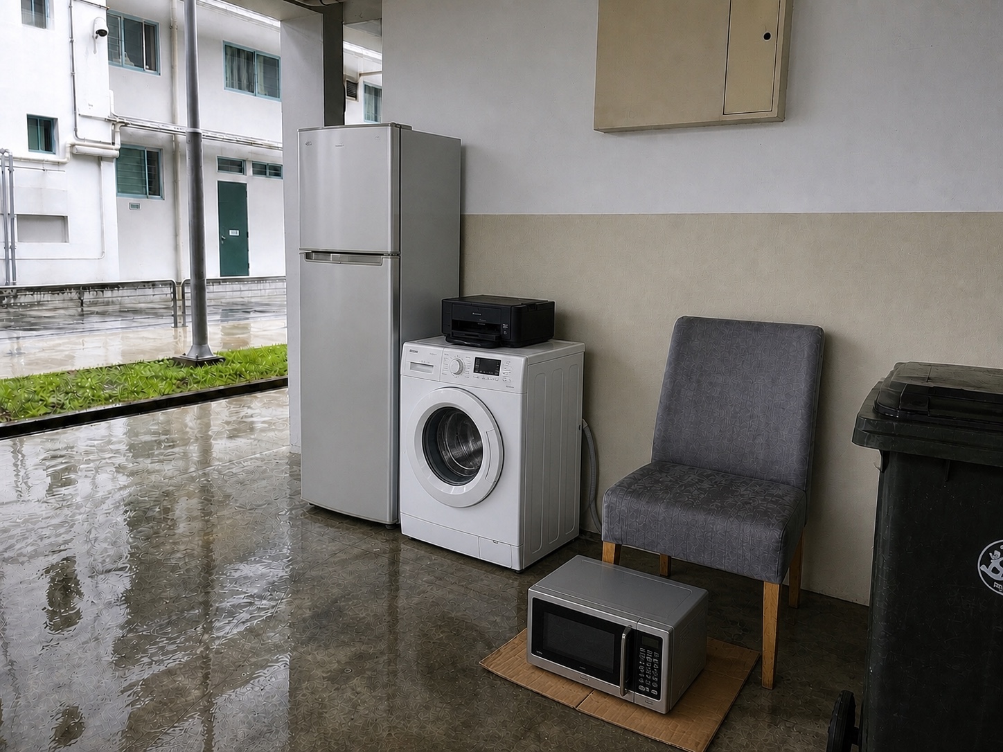 Usable refrigerator, washing machine, printer and microwave discarded at a Singapore HDB block