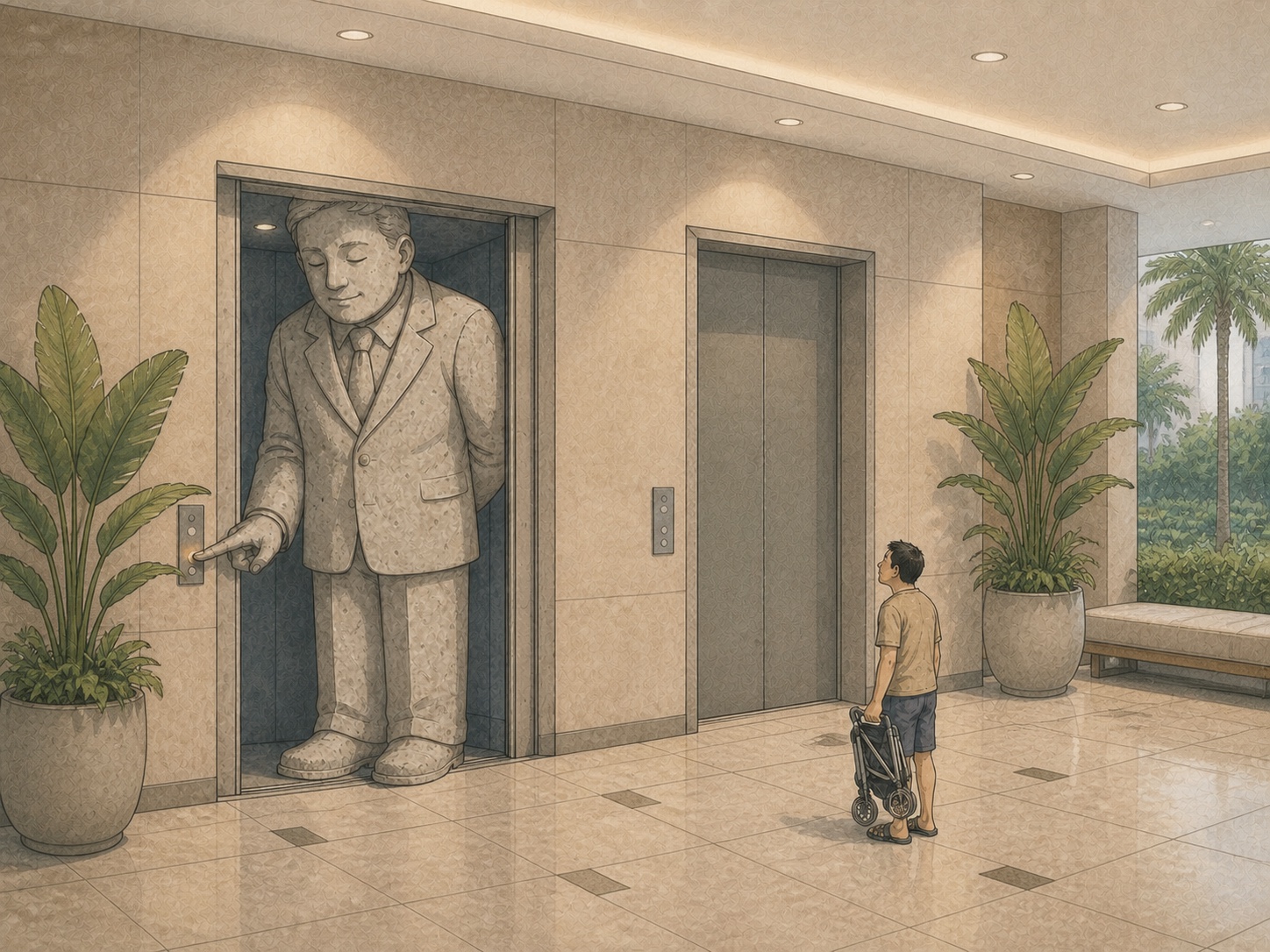 Editorial comic of a giant stone statue holding an elevator while blocking a father with a folded stroller