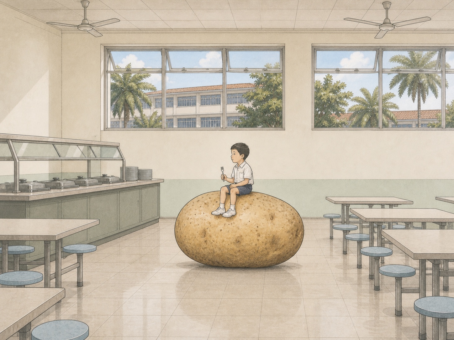 Editorial comic of a Singapore schoolboy sitting on a giant potato in a calm school canteen