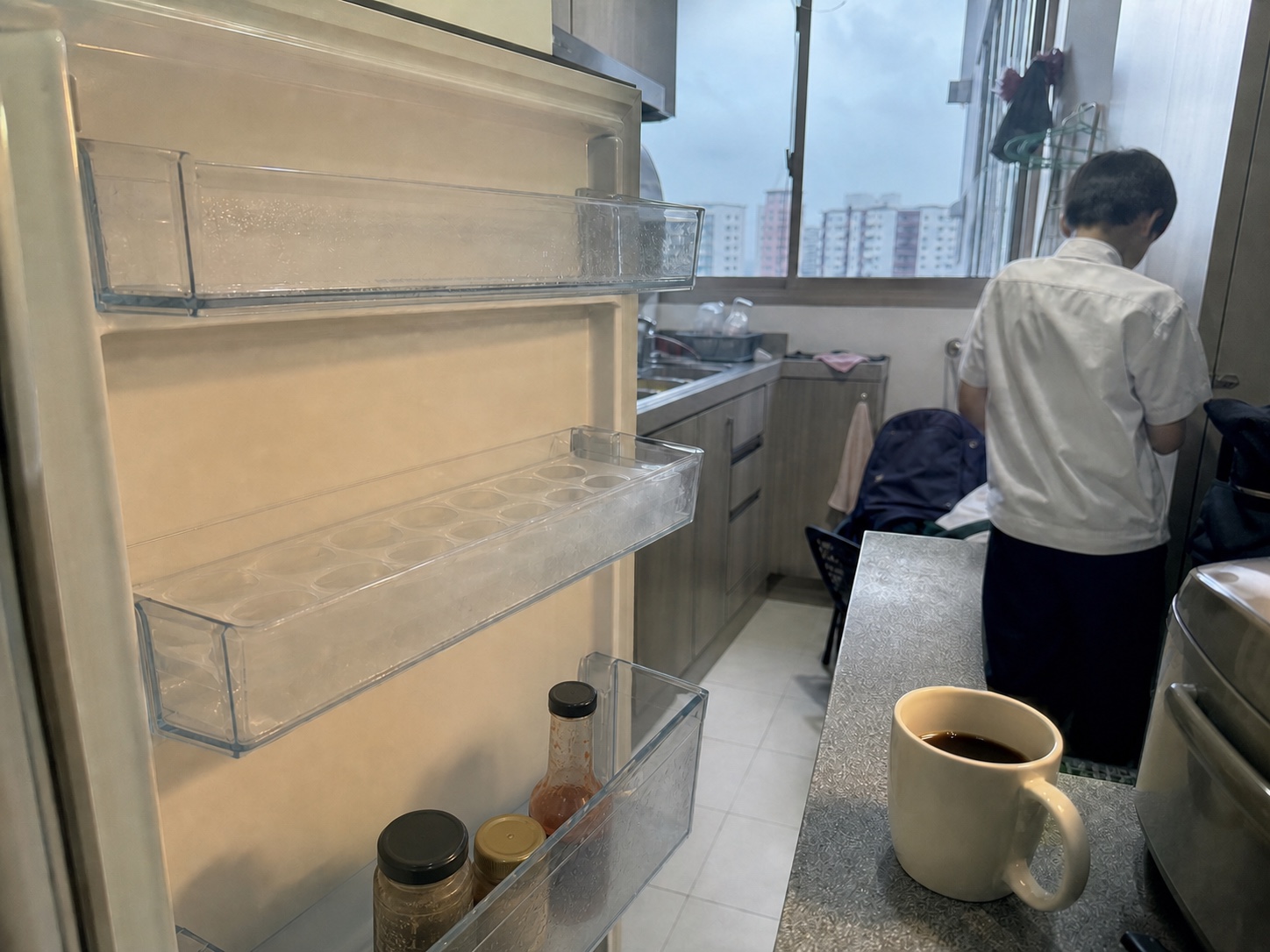 An empty egg tray in a Singapore kitchen before school