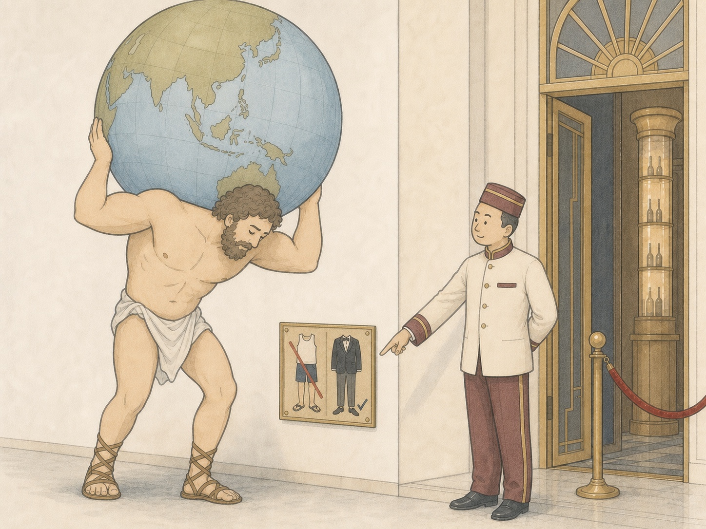 Editorial comic of the mythological Atlas carrying a globe while an Atlas Bar doorman points to a formal dress-code sign