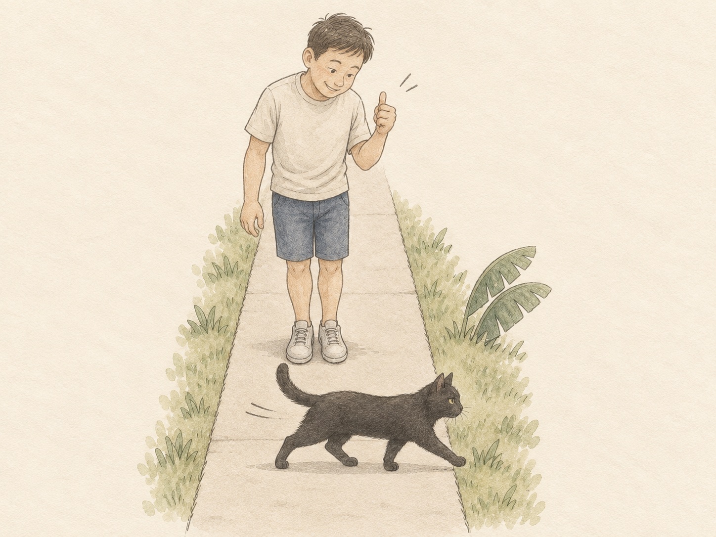 A smiling man gives a thumbs-up as a black cat runs across the path directly in front of his feet.