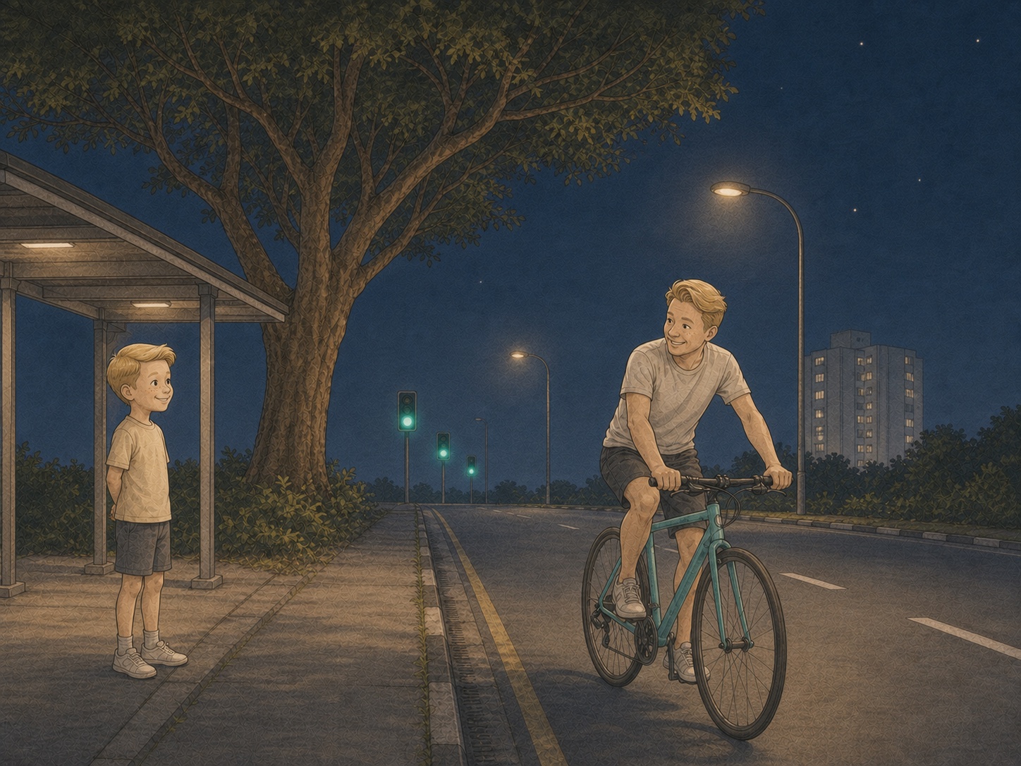 Editorial comic of a fair-haired man riding his recovered turquoise bicycle at night while his childhood self smiles from a Singapore pavement