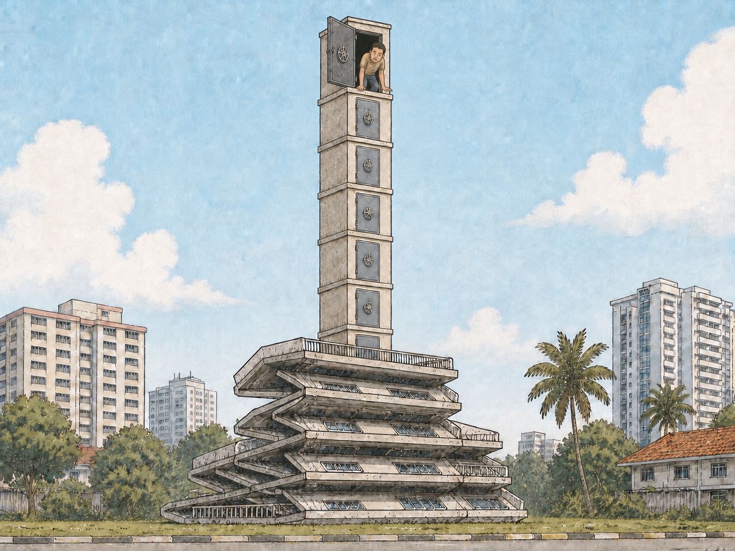 Cartoon of a collapsed Singapore apartment block with a stack of bomb shelters still standing