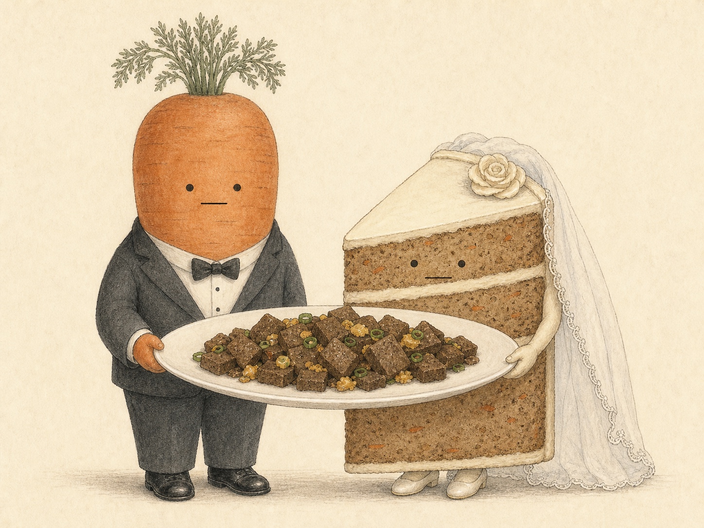 Editorial comic of a carrot groom and cake-slice bride holding a plate of Singapore chai tow kway