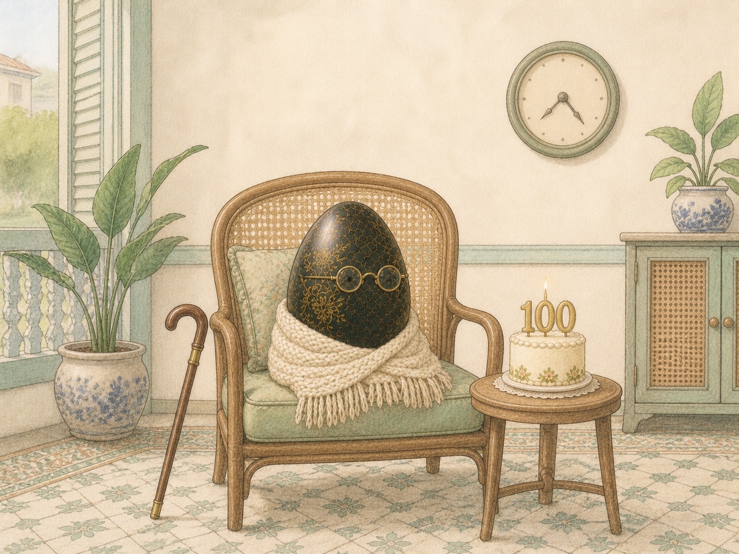 Editorial comic of a century egg celebrating its 100th birthday in a light Peranakan room, wearing glasses and a knitted shawl beside a cane and cake