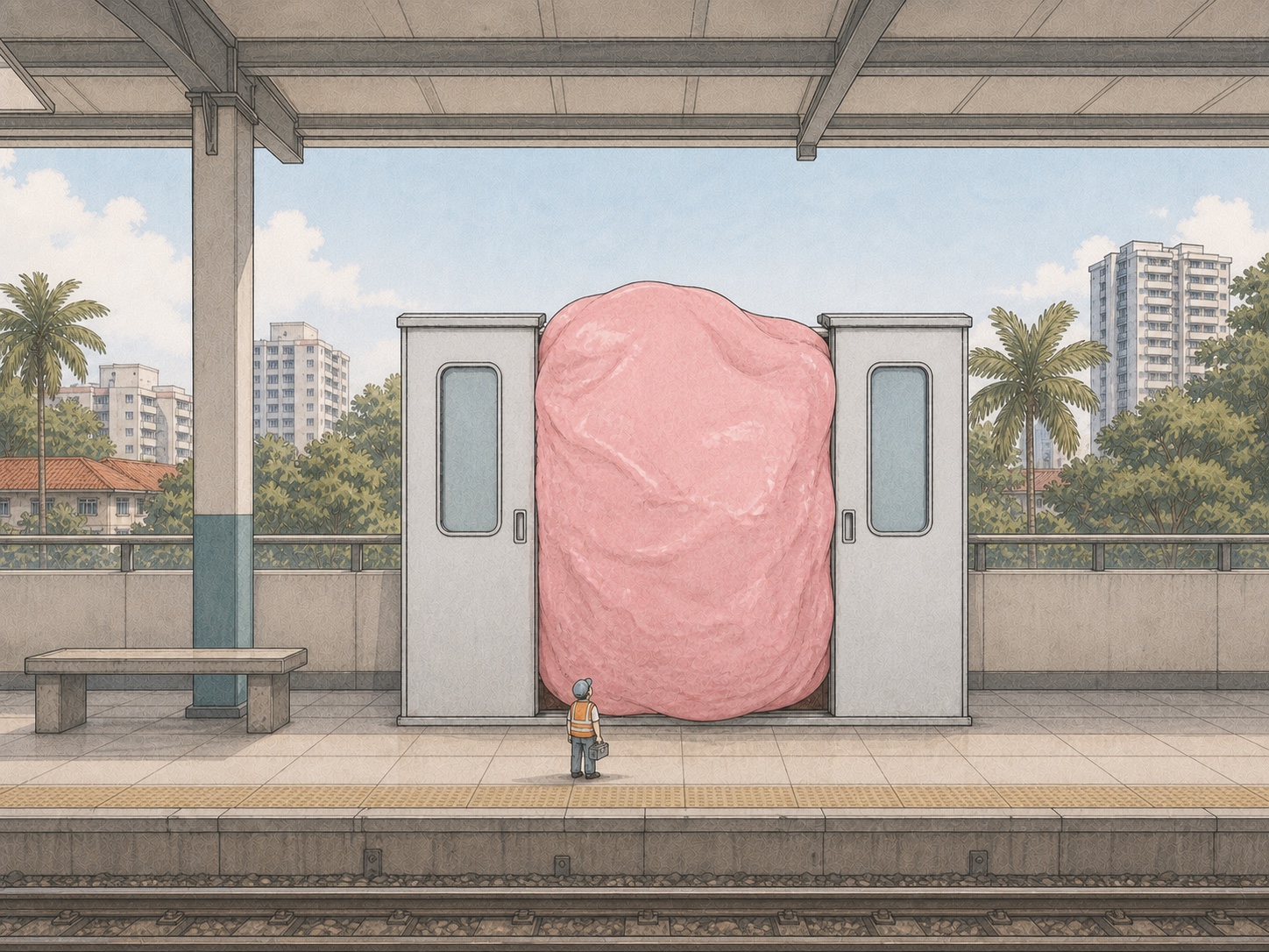 Editorial comic of a giant pink piece of chewing gum wedging open MRT train doors in Singapore