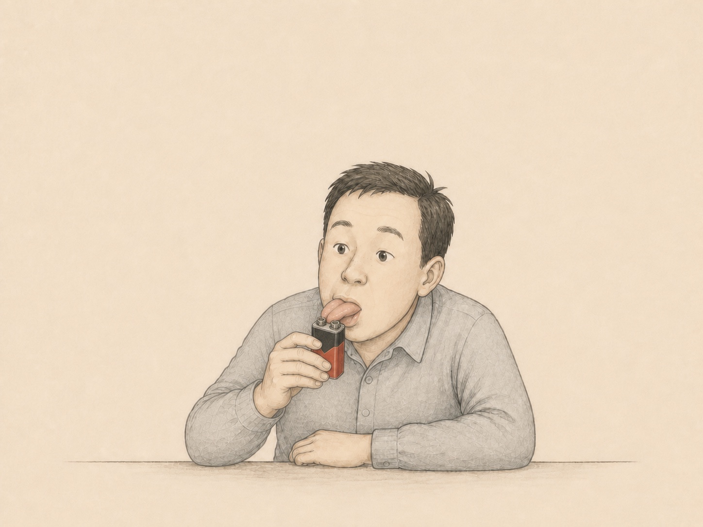 Editorial comic of a man touching both terminals of a small Krona battery with his tongue