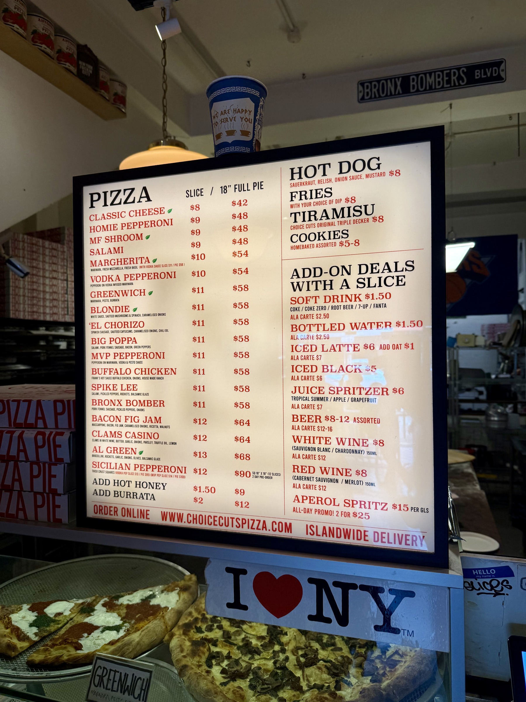Choice Cuts menu showing pizza slices, whole pies, hot dogs and drinks in September 2026