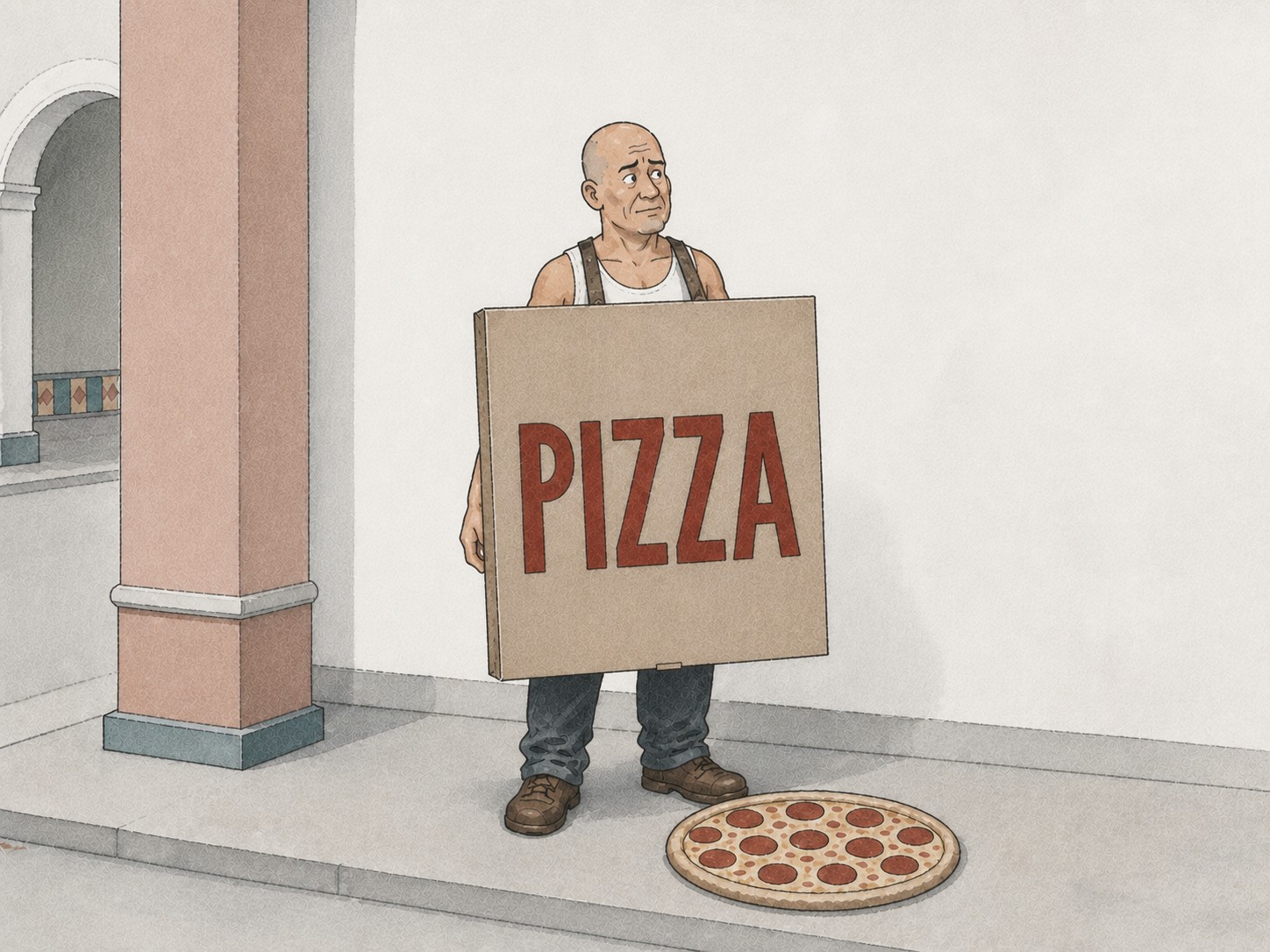 Editorial comic of Bruce Willis wearing a giant square pizza box marked PIZZA while the pizza lies at his feet.