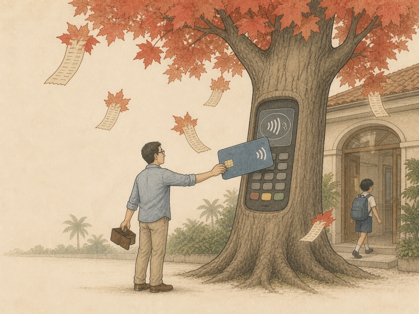 Editorial comic of a parent tapping an oversized bank card against a maple-tree payment terminal as a child enters school