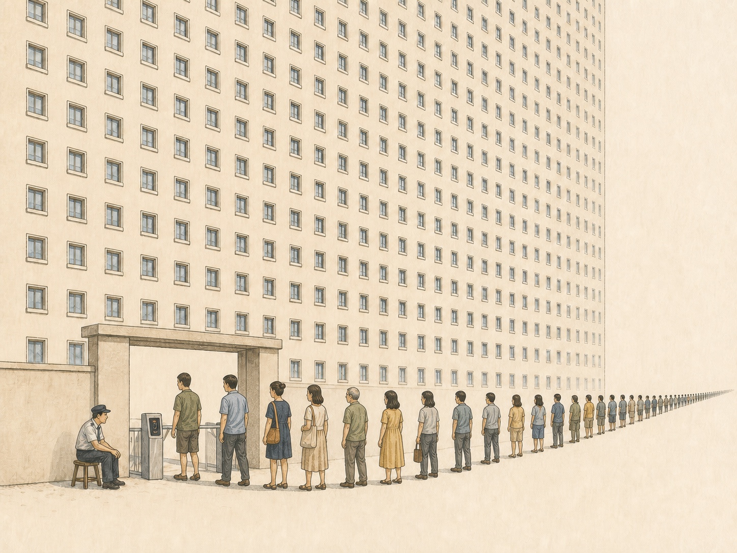 Editorial comic of a long single-file queue of residents waiting at one tiny entrance gate beneath an enormous condominium facade