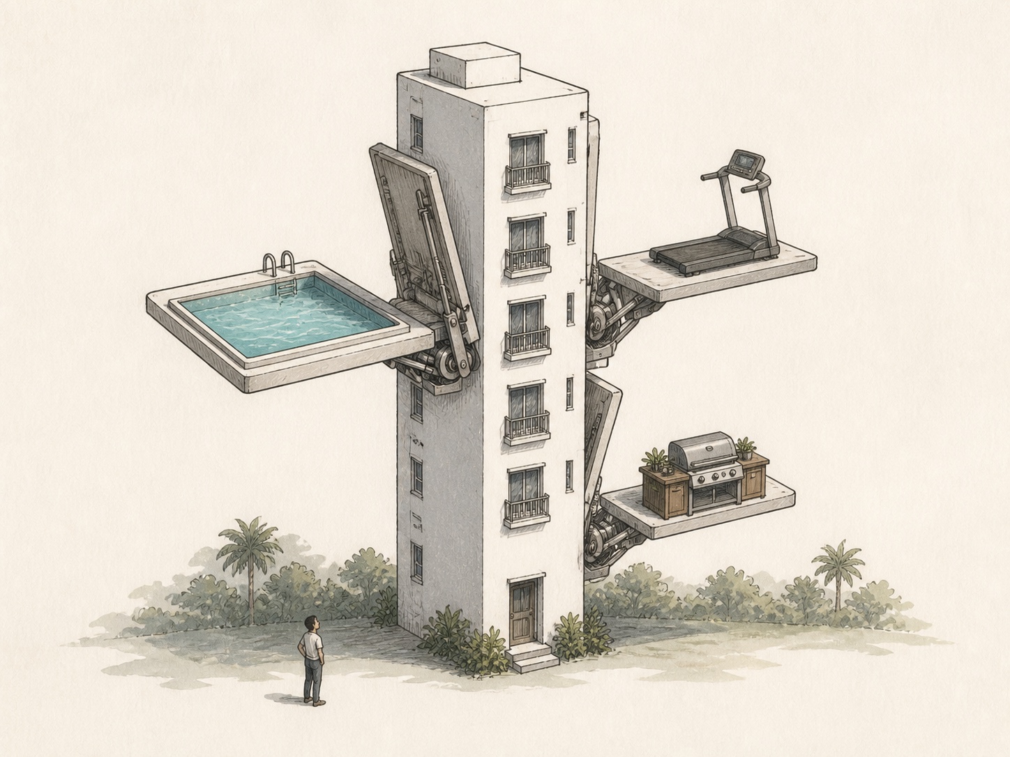 Editorial comic of a Singapore condominium tower unfolding a swimming pool, treadmill and barbecue