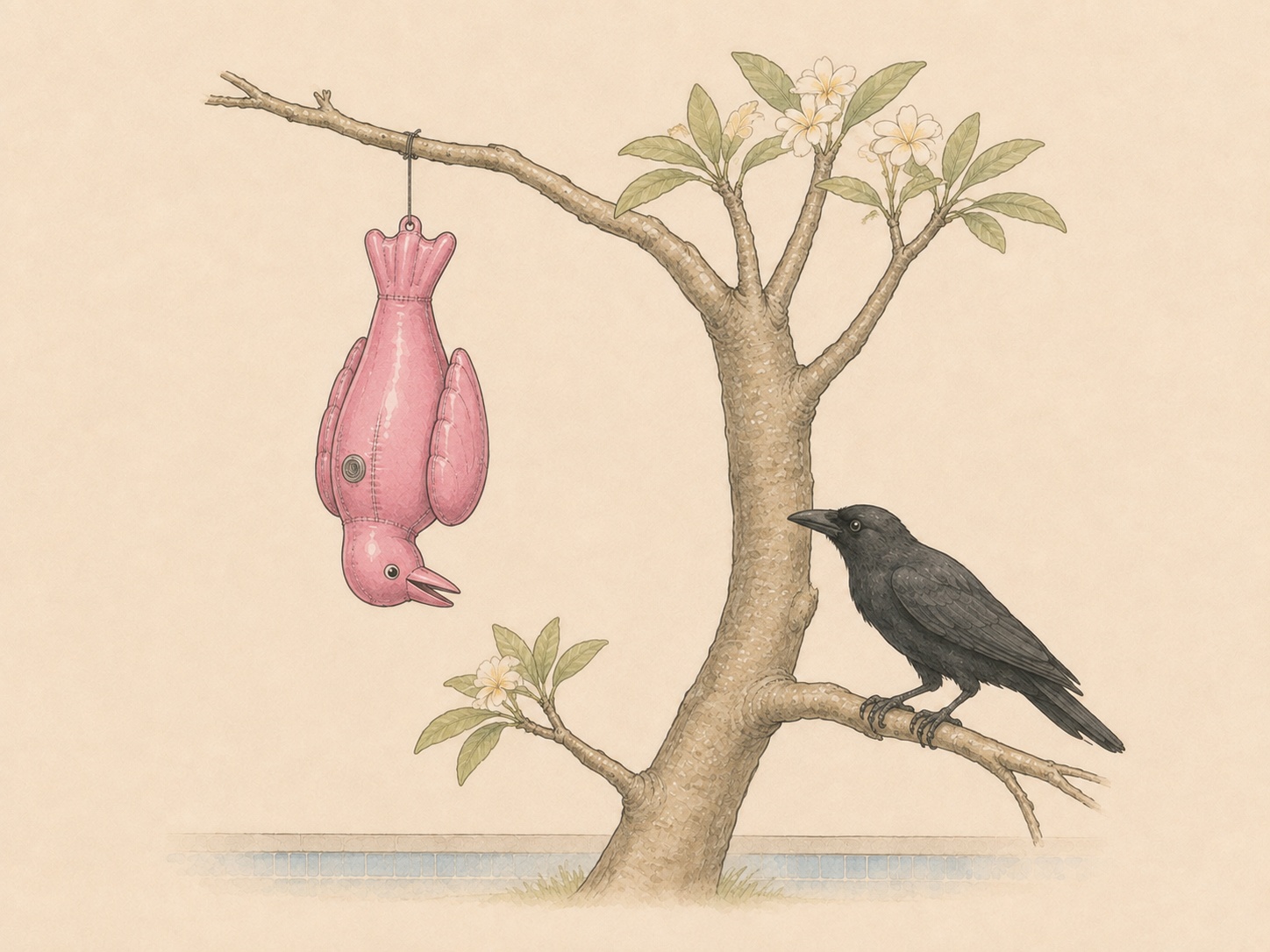 Comic: a black crow watches a pink inflatable crow hanging from a tree beside the pool.