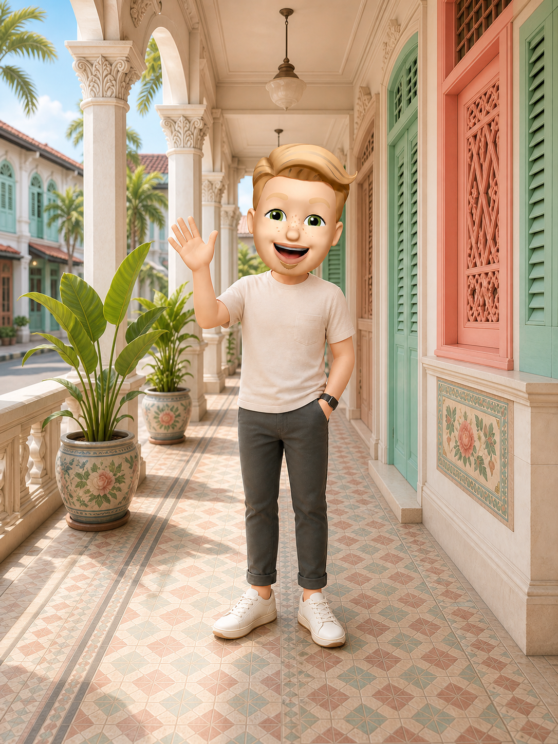 3D portrait of Denya waving in a traditional Joo Chiat five-foot way