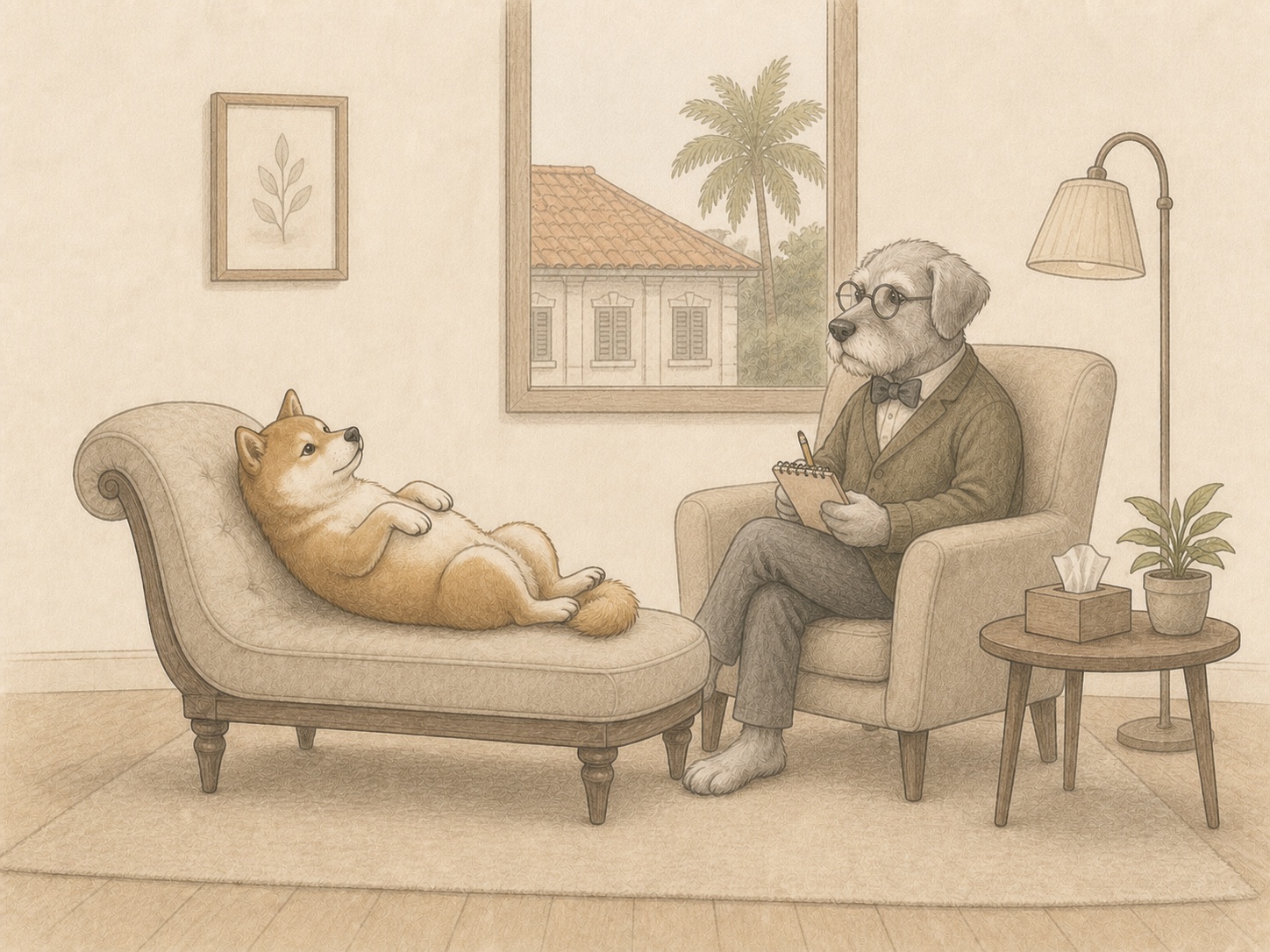 Editorial comic of a Shiba Inu lying on a therapist's couch while an older dog takes notes
