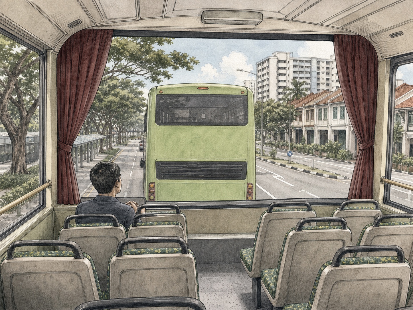 Editorial illustration of the upper deck as a small cinema, with another bus filling the view