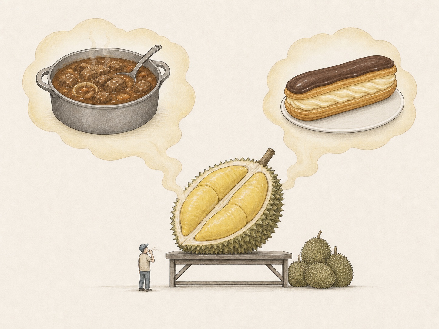 Airy editorial comic of an open durian producing separate aroma visions of beef goulash and a cream-filled chocolate éclair