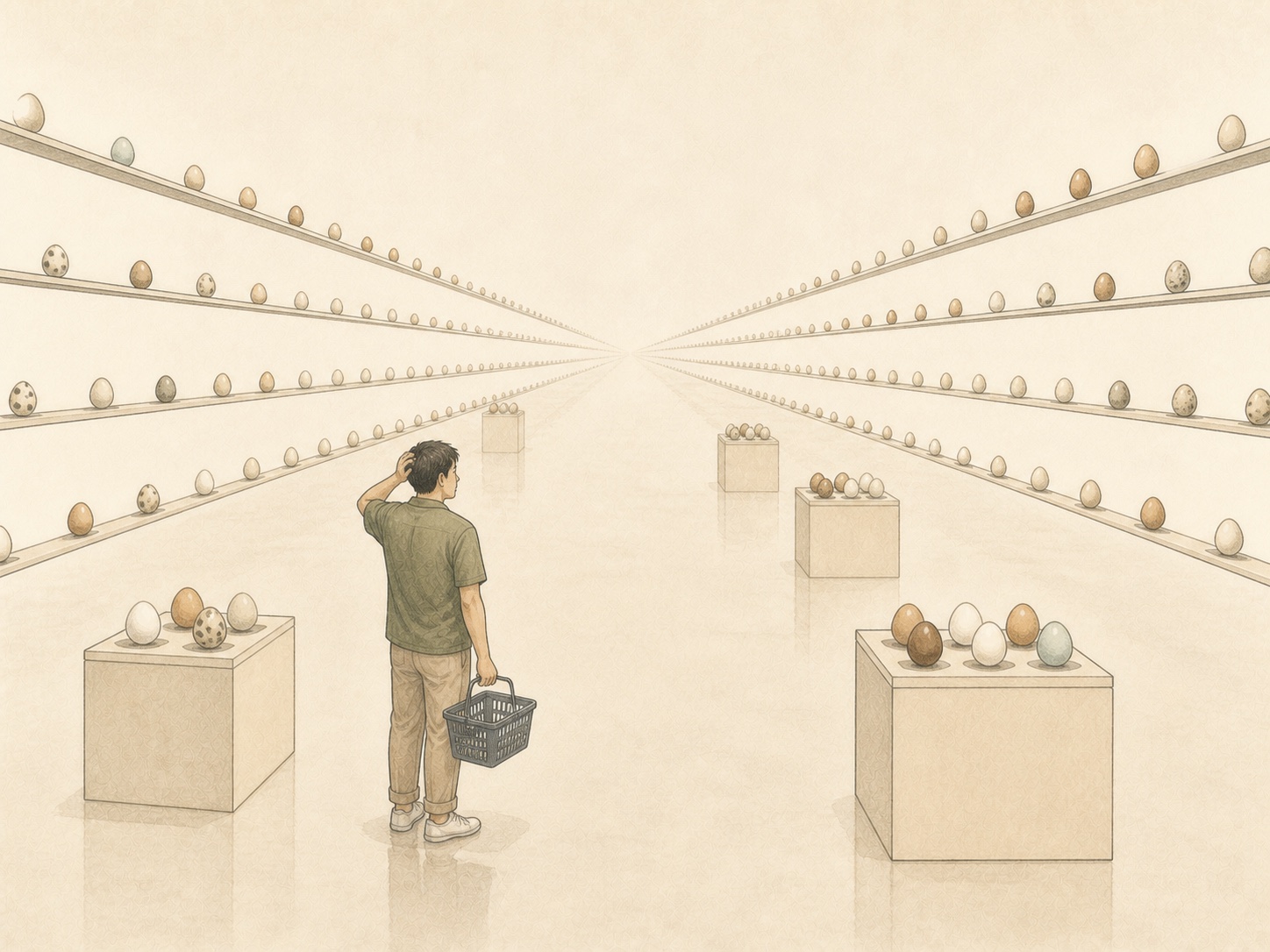 Editorial comic of a shopper facing endless museum shelves of whole eggs receding into the distance