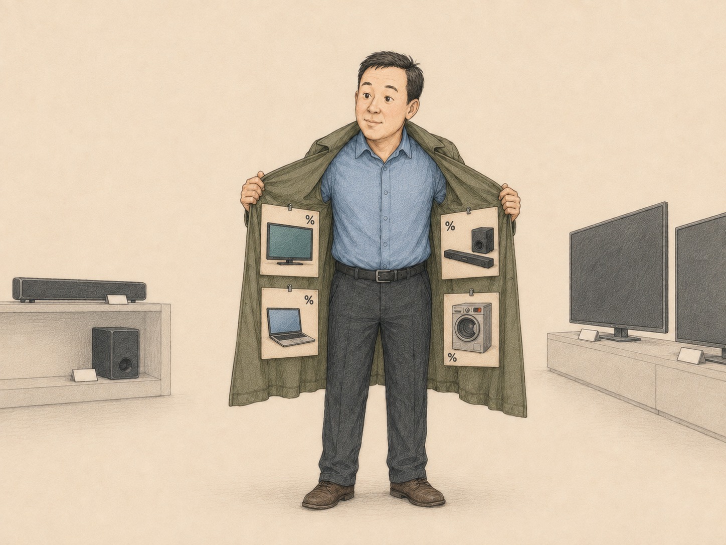 Editorial comic of a clothed electronics seller opening his coat to show discount cards for a television, sound system, laptop and washing machine.