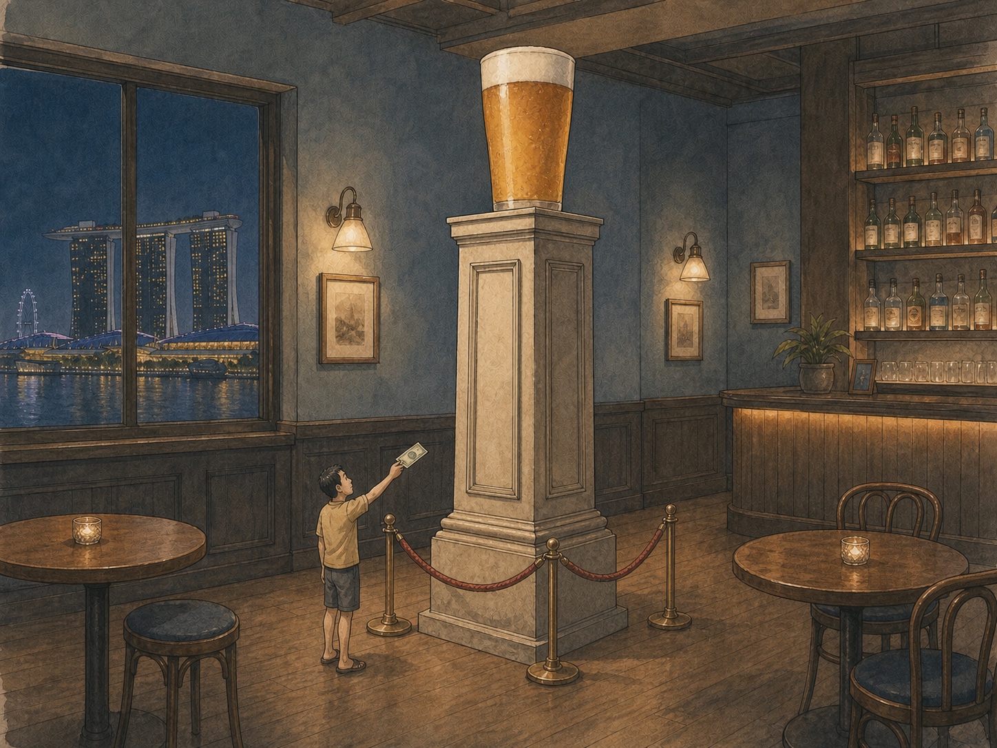Editorial comic of an ordinary pint displayed on a museum pedestal behind a velvet rope in a Singapore bar