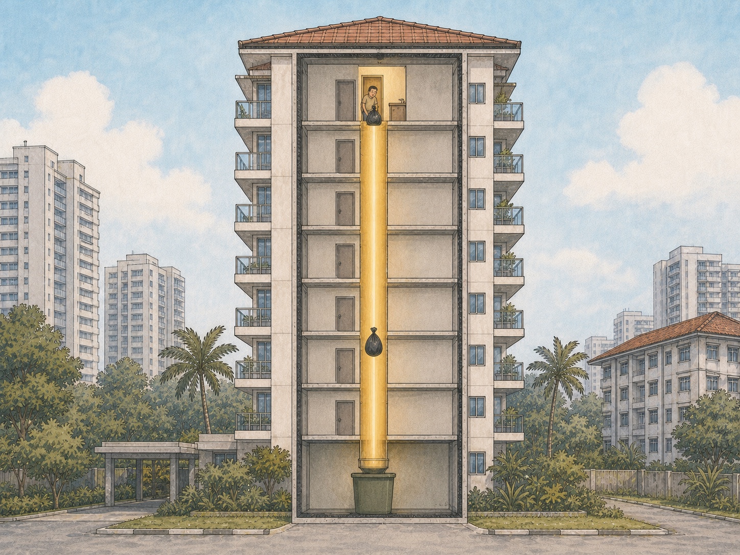 Editorial comic cutaway of a Singapore condominium tower with a glowing garbage chute from kitchen to bin