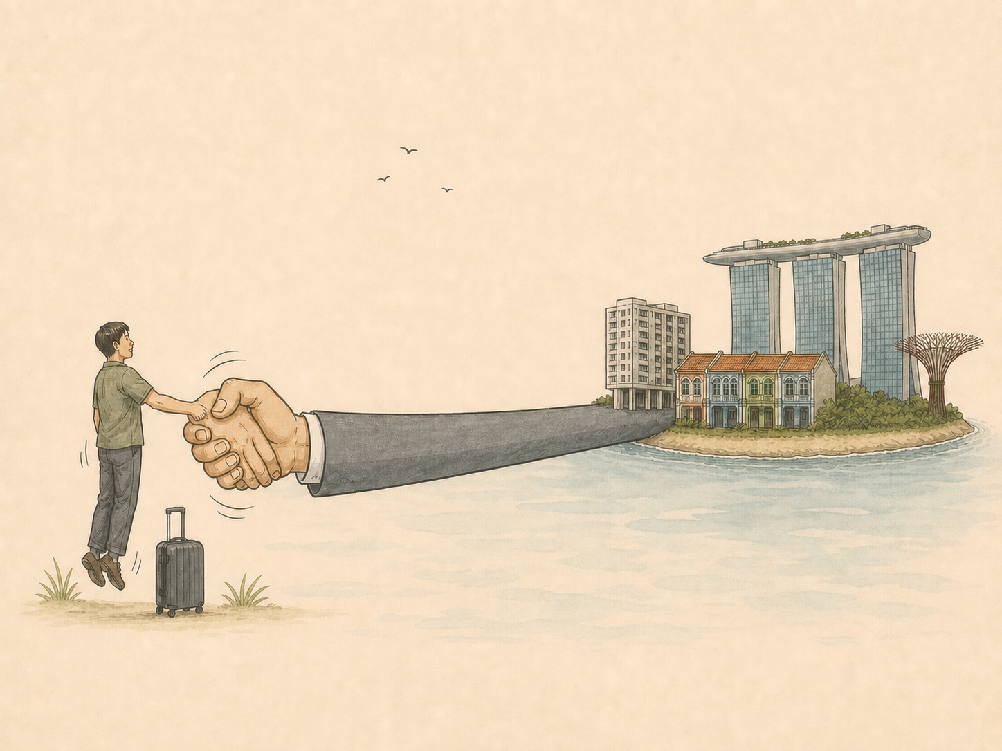 Editorial comic of a tiny Singapore island stretching out a giant arm to shake a newly arrived traveller's hand
