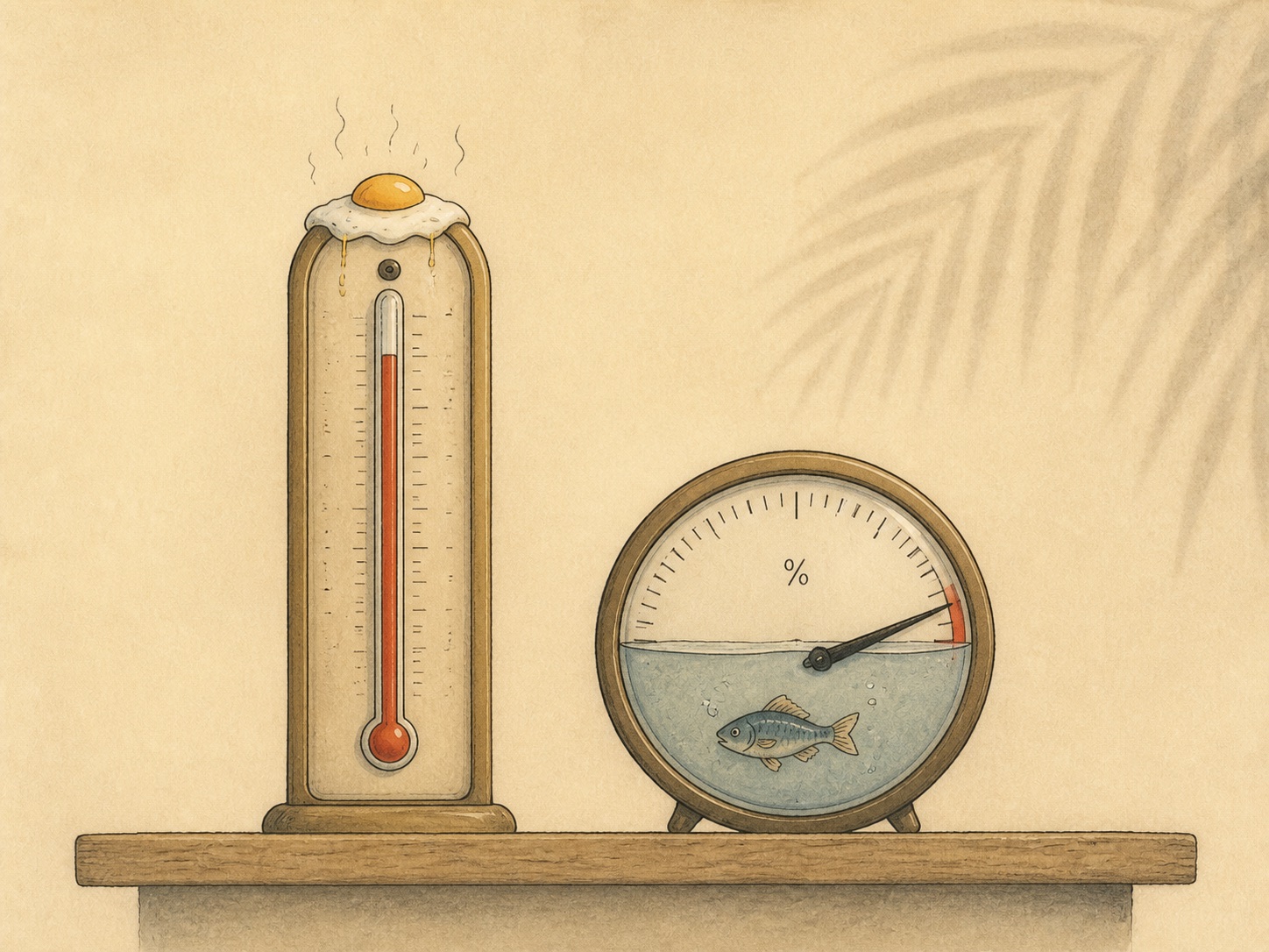 Editorial comic of a fried egg cooking on a thermometer while a fish swims inside a hygrometer