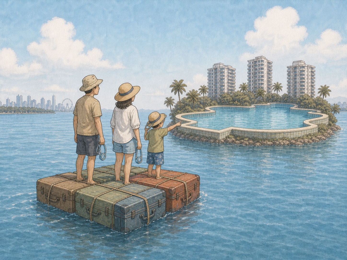 Editorial comic of a family crossing calm water on a raft made from six suitcases toward a Singapore condominium pool