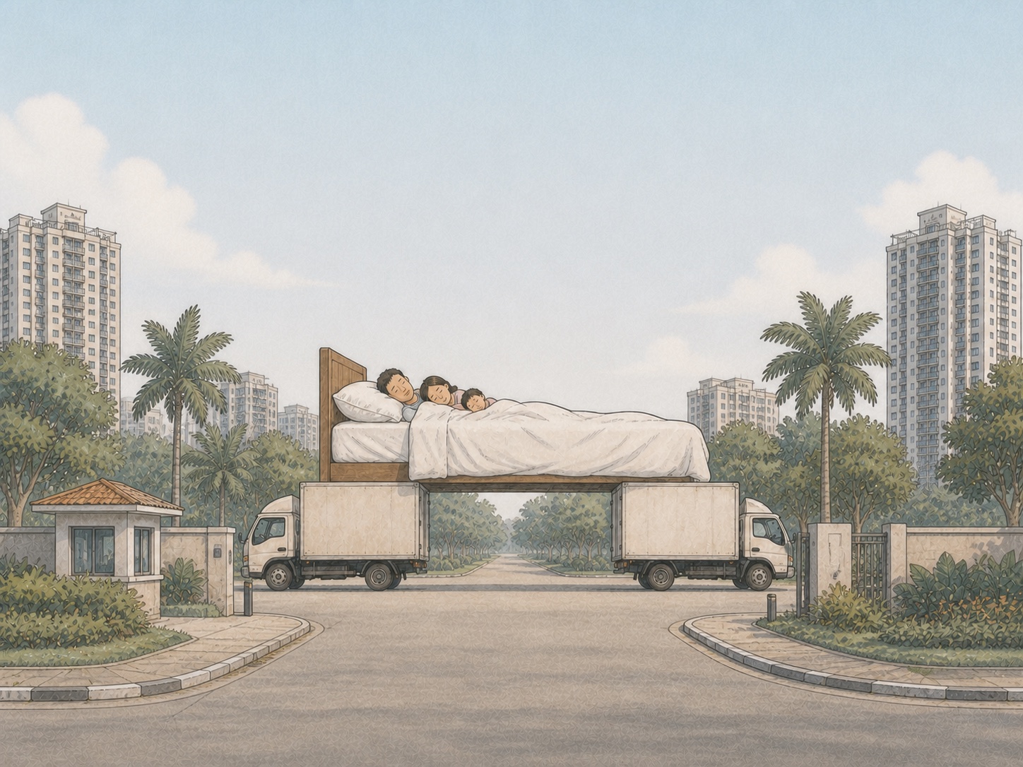 Editorial comic of a hotel bed balanced across two moving trucks on a quiet Singapore condominium access road