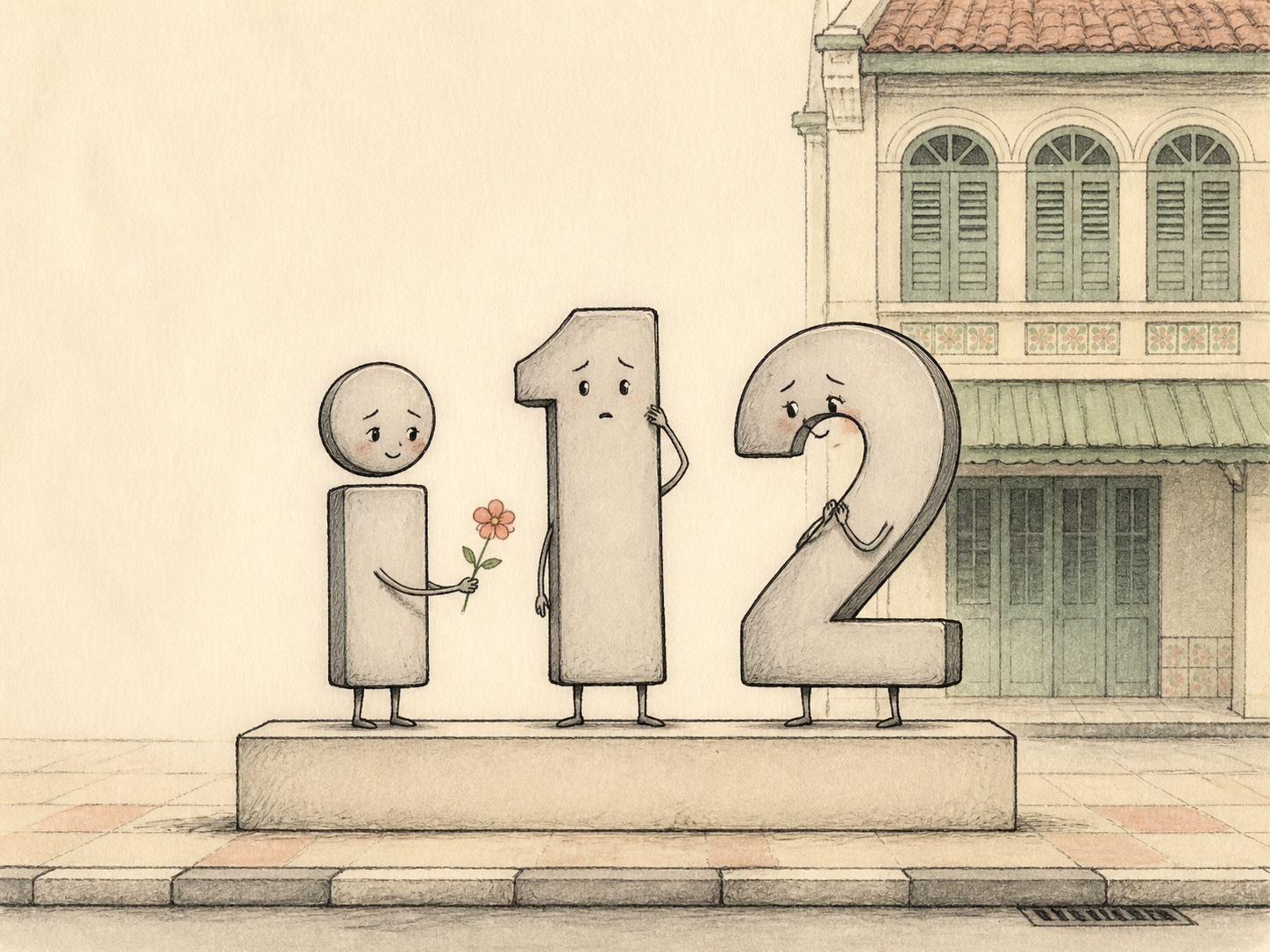 Editorial comic of a lowercase i offering a flower to the number 2 while the number 1 stands between them