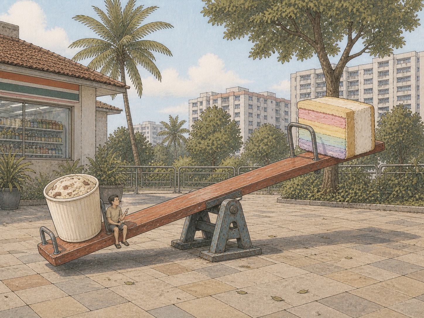 Editorial comic of rainbow-bread ice cream and a premium ice-cream tub balanced on a seesaw in Singapore