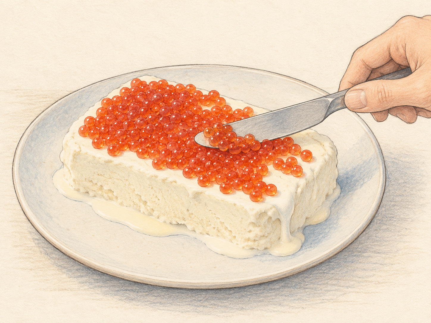 Editorial comic: a hand spreads red salmon roe onto a melting slab of vanilla ice cream as if it were a slice of bread.