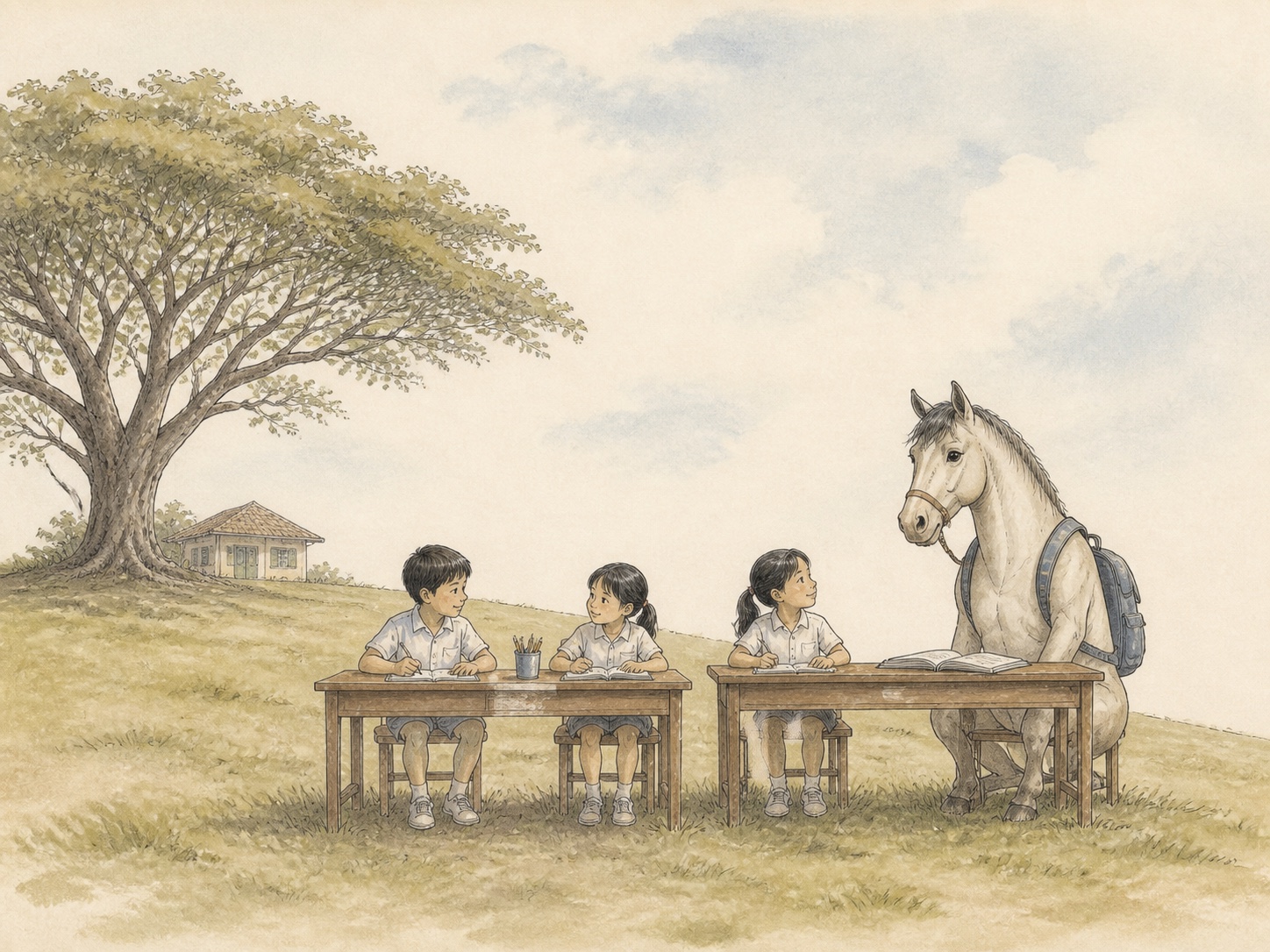 Editorial comic of three children and a backpack-wearing horse studying at outdoor desks on Dempsey Hill