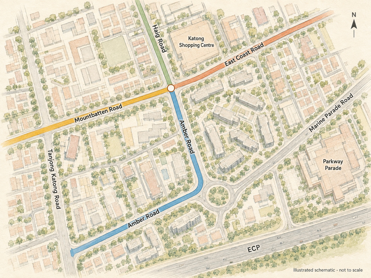 Illustrated map of Katong showing Mountbatten Road meeting East Coast Road and Haig Road becoming Amber Road, with Katong Shopping Centre and Parkway Parade labelled.