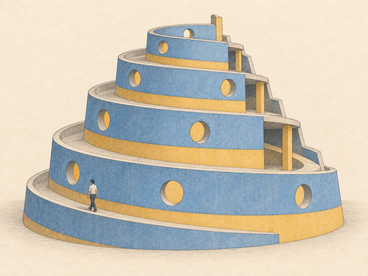 A lone visitor walks around a spiralling blue-and-yellow tower with round windows, echoing Katong Shopping Centre.