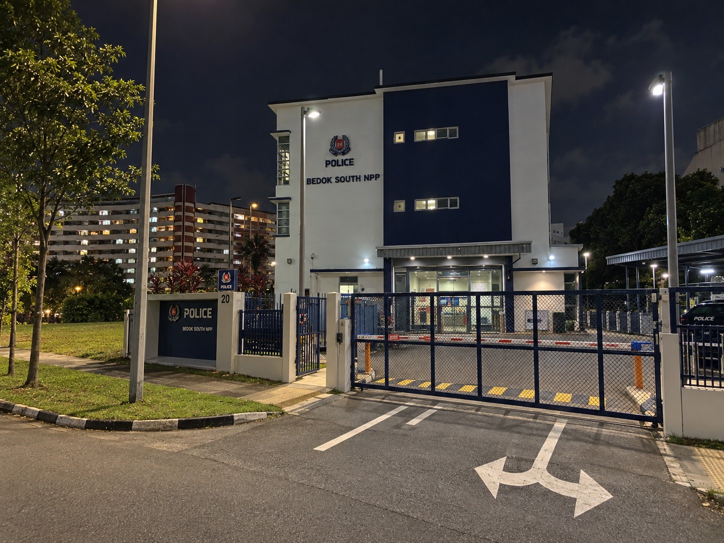 Night-time view of Bedok South Neighbourhood Police Post