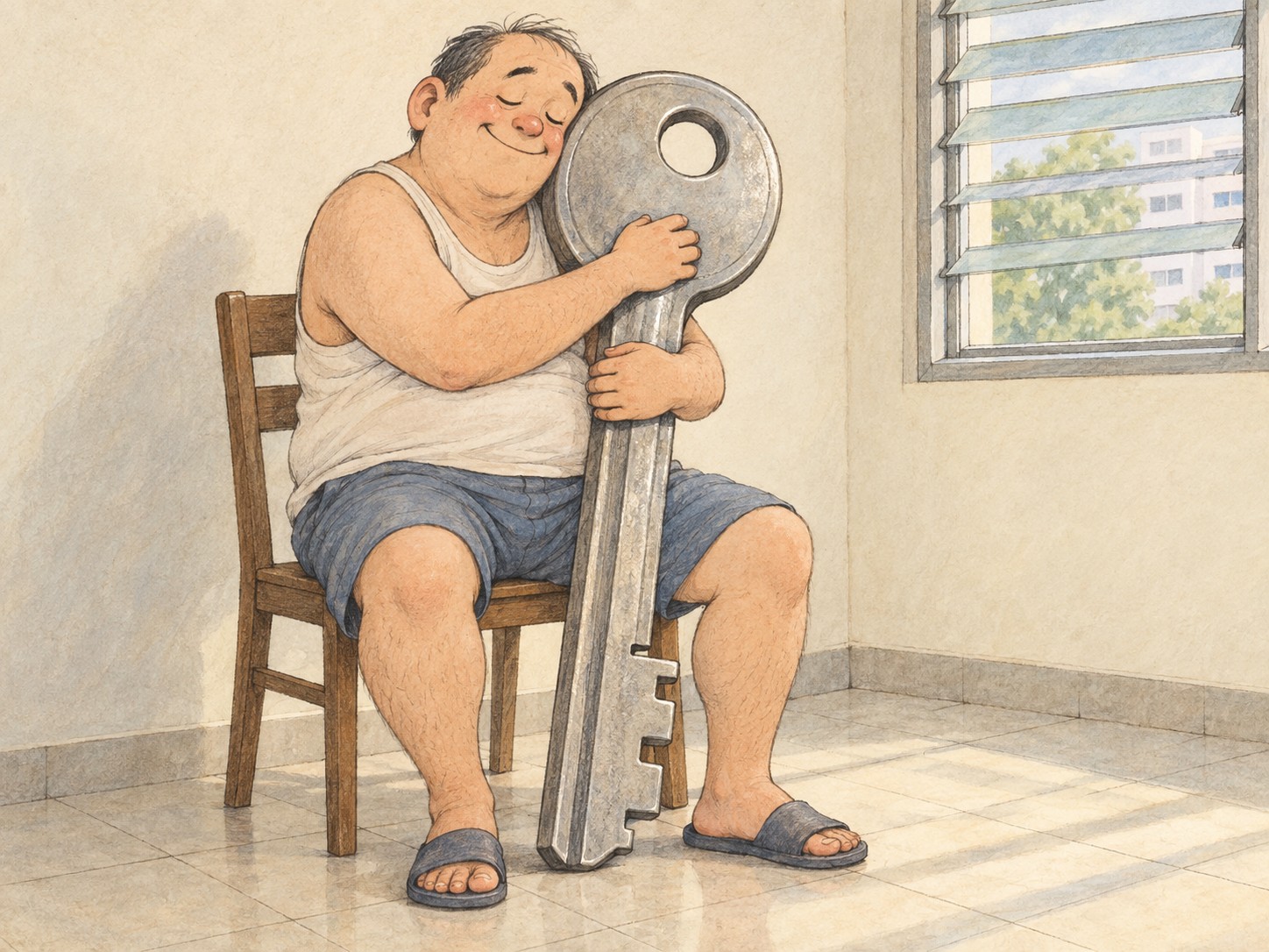 Comic: a seated man tenderly hugs an enormous metal key in a modest apartment.