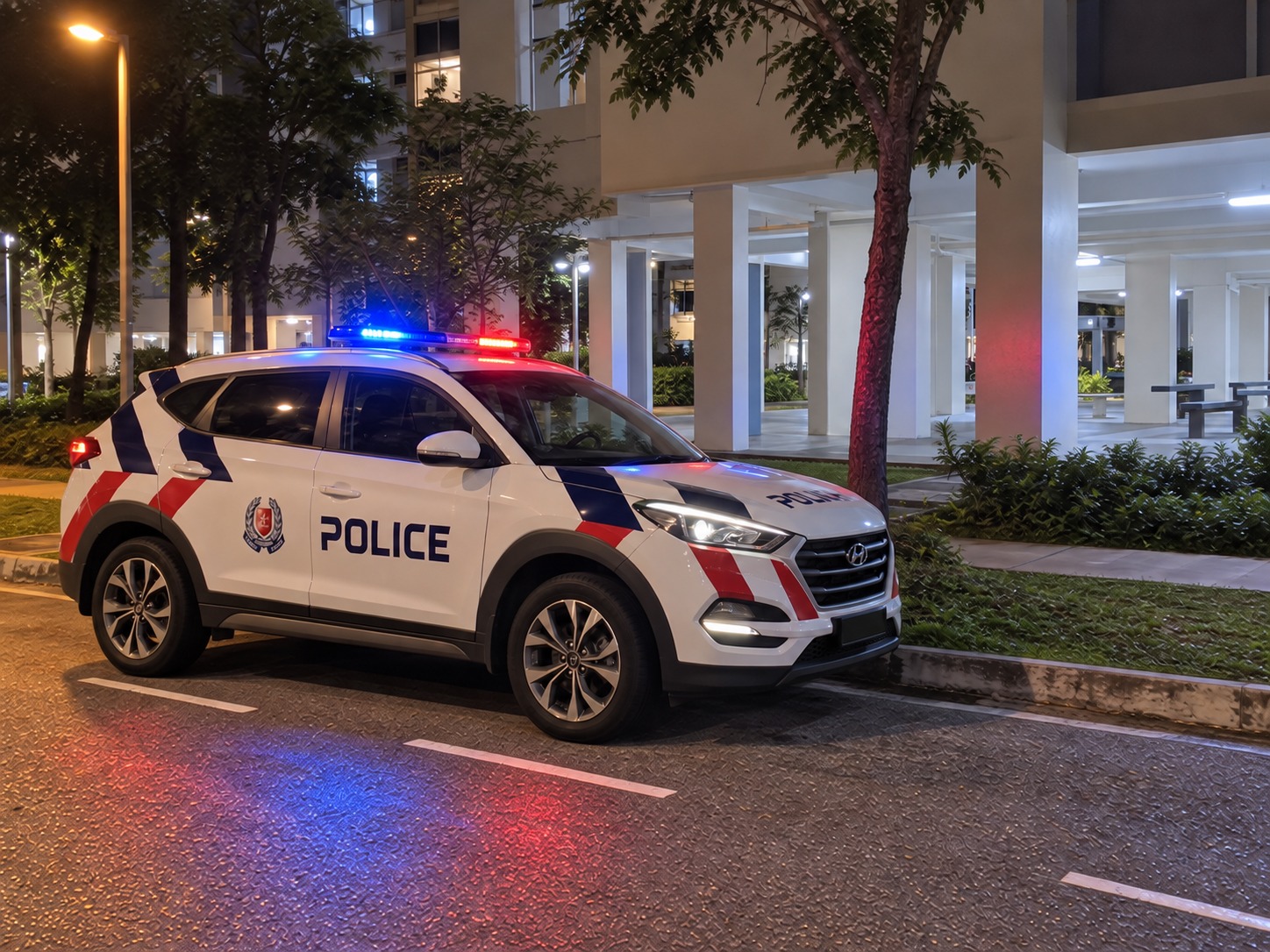 Singapore police car beside an HDB block at night