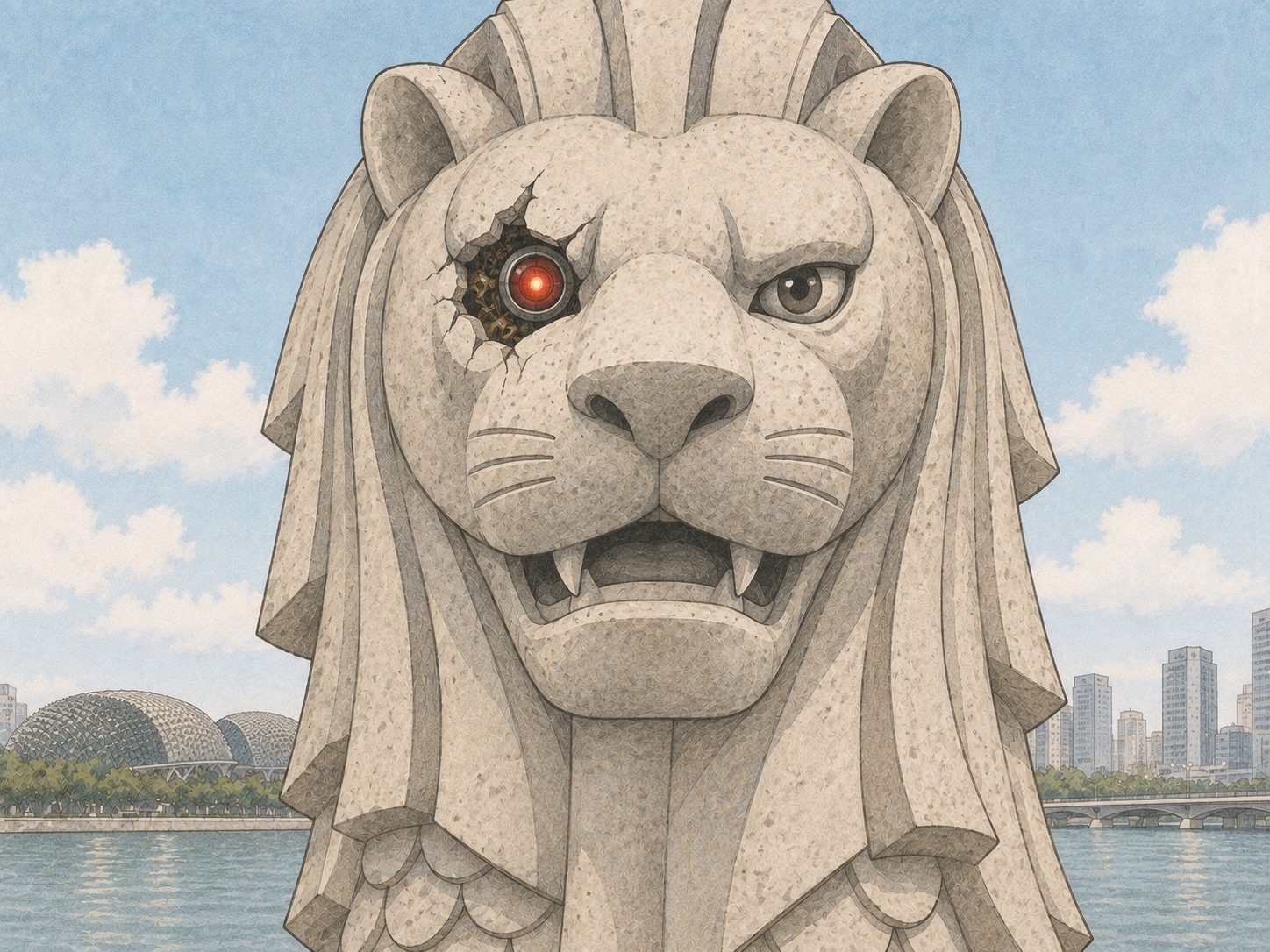 A pencil-and-watercolour Merlion looks directly at the viewer, with a glowing red mechanical eye exposed beneath chipped stone.