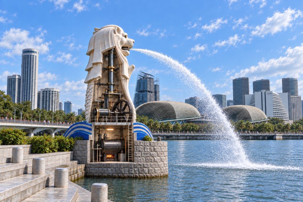 An imagined steam-powered Merlion, cut open to reveal its engine and boiler against the Esplanade and Marina Centre skyline.